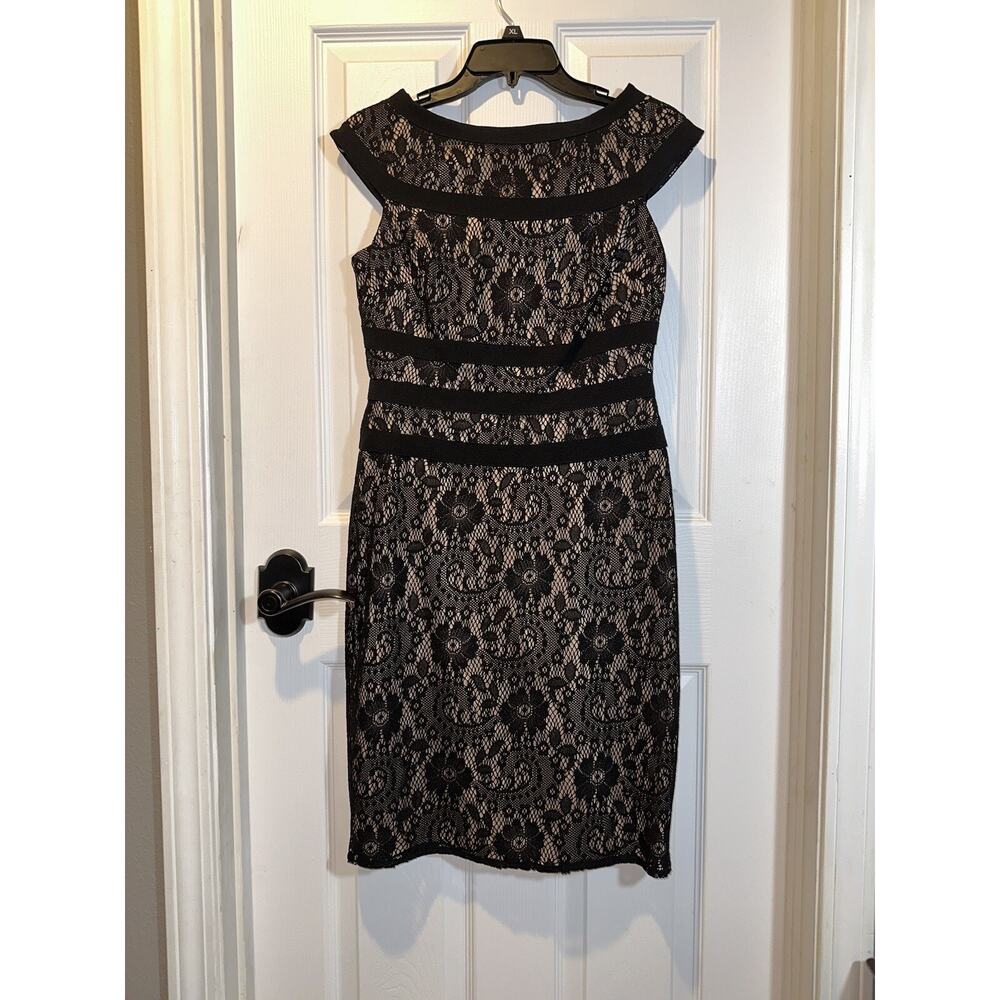Adrianna Papell Black Lace Nude Sheath Ribbons Dress Size 4 - Picture 2 of 7